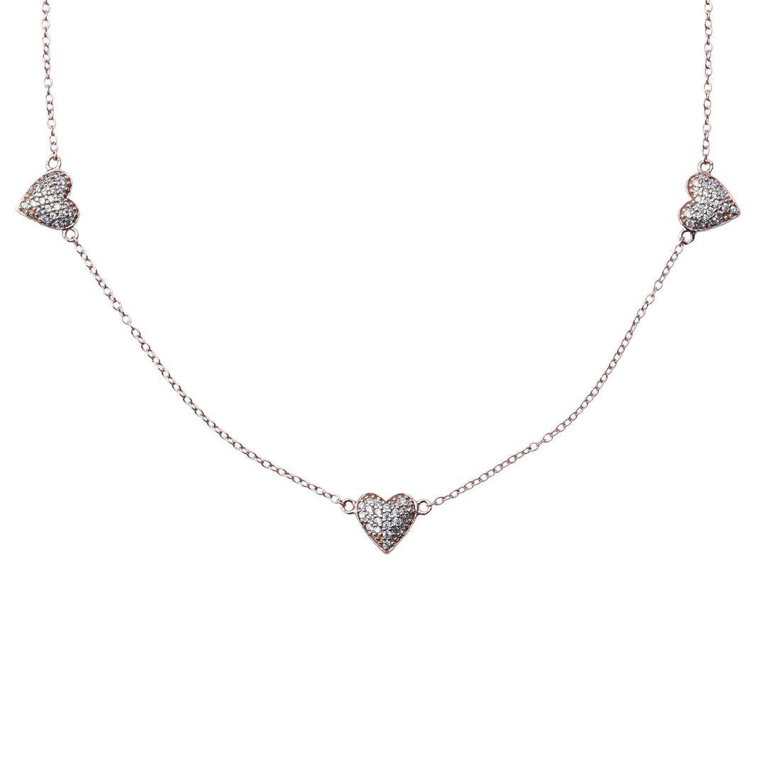 Triple Heart 925 Sterling Silver Rose Gold Necklace with Pave Crystal Accents for Women on Delicate Chain 0