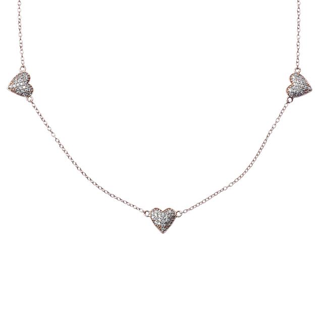 Triple Heart 925 Sterling Silver Rose Gold Necklace with Pave Crystal Accents for Women on Delicate Chain