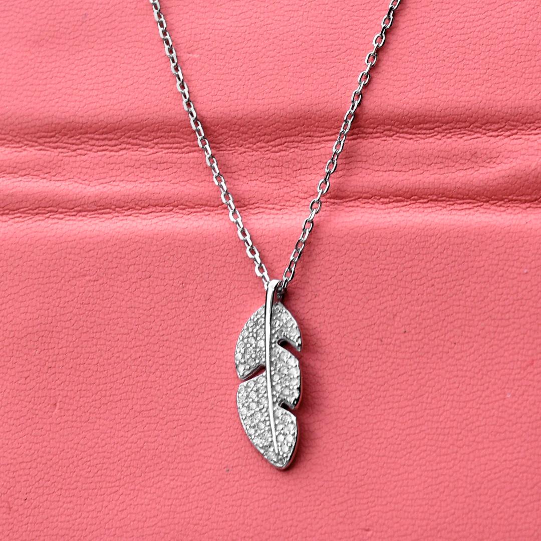 925 Silver Feather Pendant with Zirconia Stones with Link Chain for Women and Girls 1