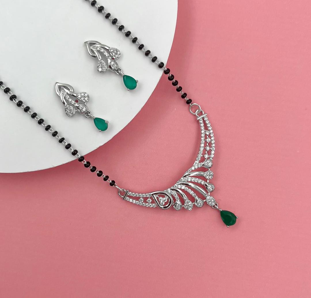 Silver Peacock Feather Mangalsutra and Earrings Set with Green Teardrop Crystals 0