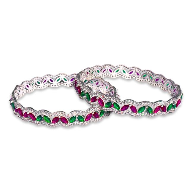 Silver Bangles Adorned with Pink and Green Gemstones