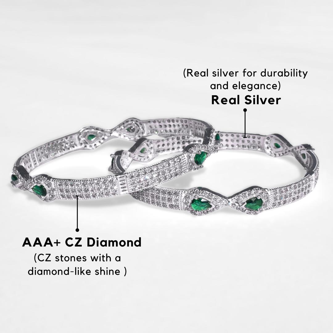 Silver Minimal Green Diamond Bangles 2