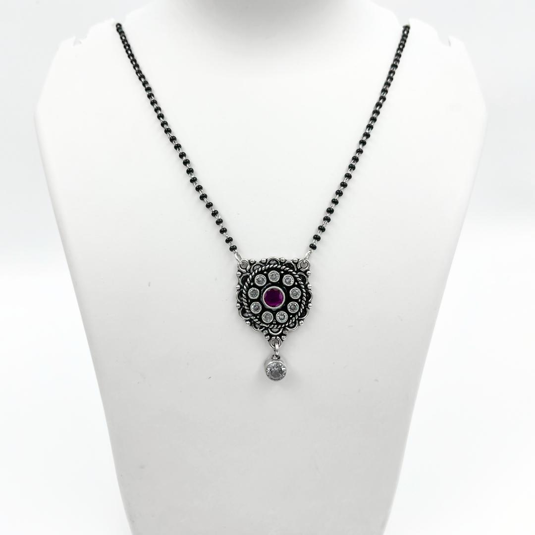 Silver Medallion with Purple Gemstone and Crystal Accents Mangalsutra 0