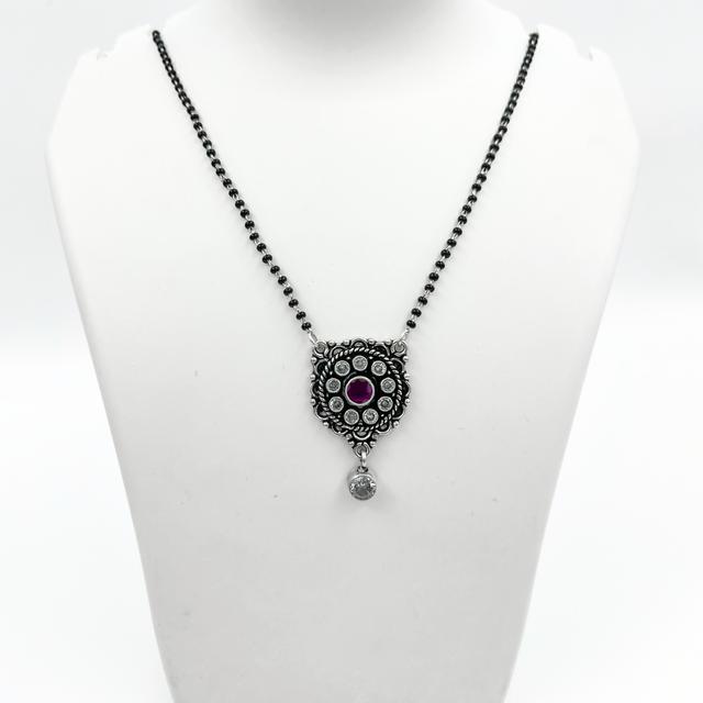 Silver Medallion with Purple Gemstone and Crystal Accents Mangalsutra