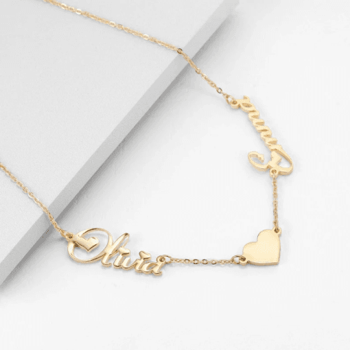 Personalised Silver Couple Name Linear Necklace with Heart 1