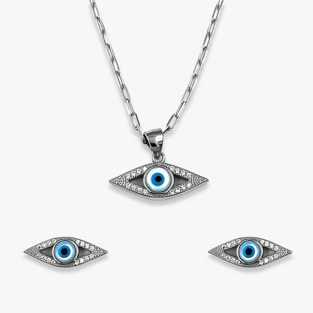 Silver Protective Eye Pendant and Earrings Set