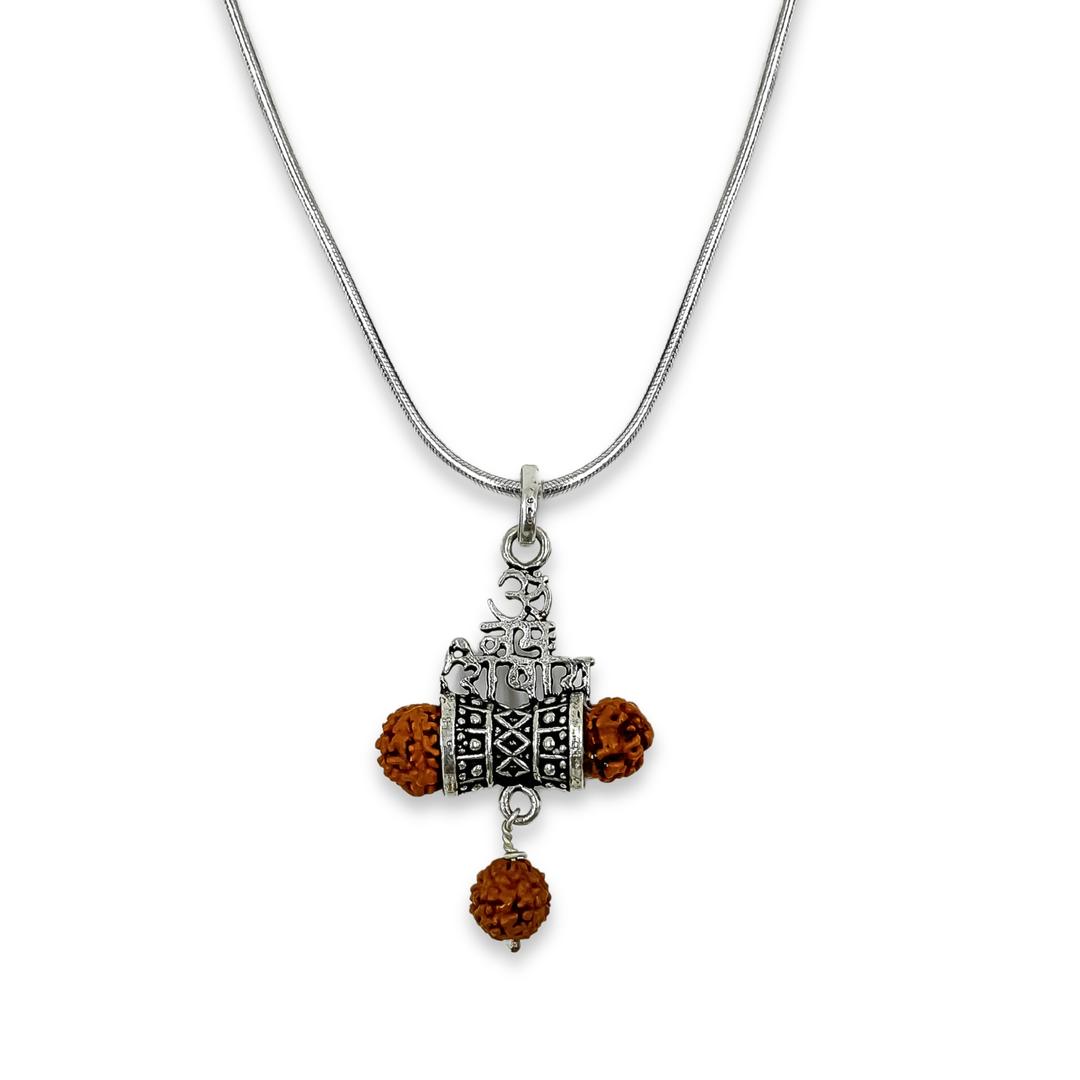 Silver lord Shiva Damru With Rudraksha Beads Pendant with Chain 0