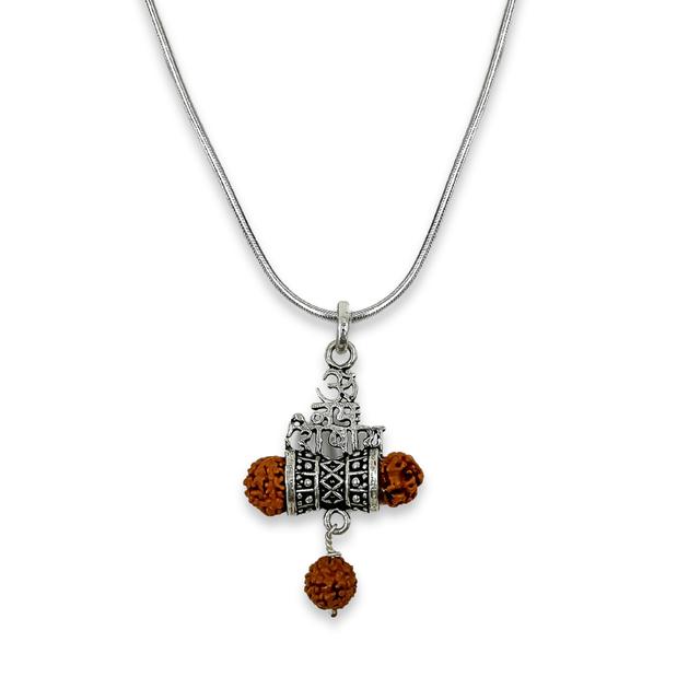 Silver lord Shiva Damru With Rudraksha Beads Pendant with Chain