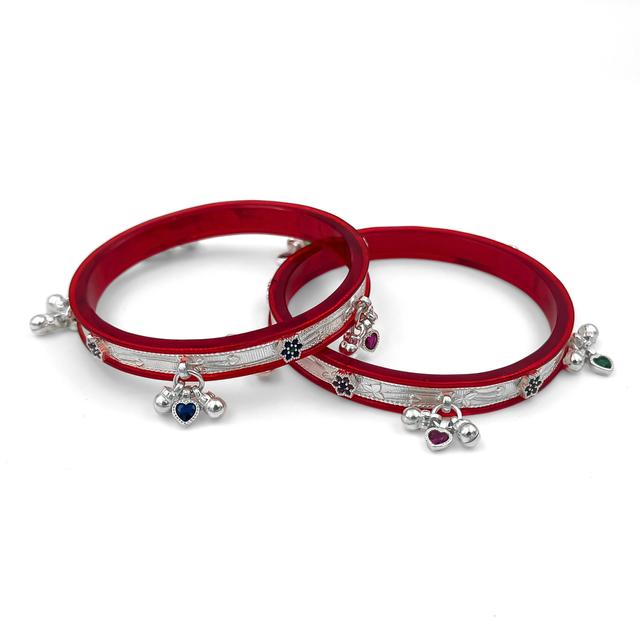 SATLAA Real Silver Red Color Chudi Bangle Bracelet for Girls & Women