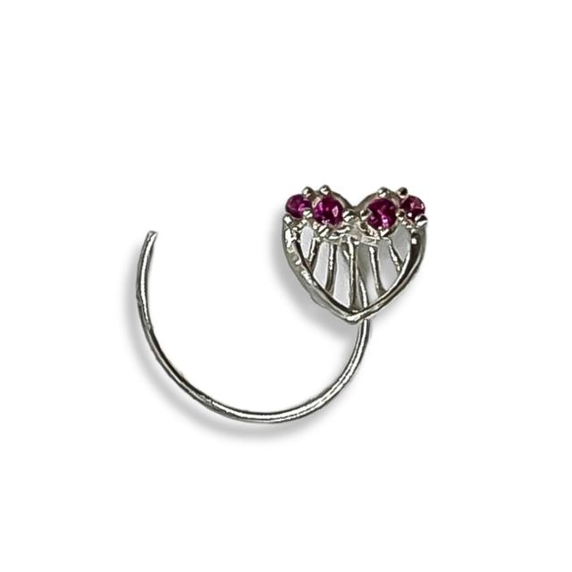 Sterling Silver Heart Shape With Red Gemstone Nose Pin ( 2 Pcs)