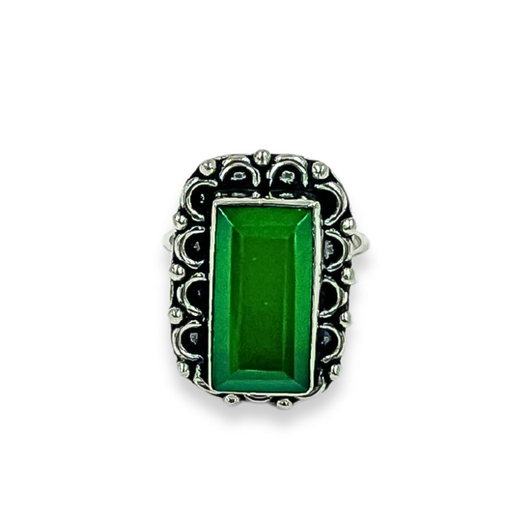 Silver Green Onyx Royal Square Cut Stone Ring Women & Girls 0