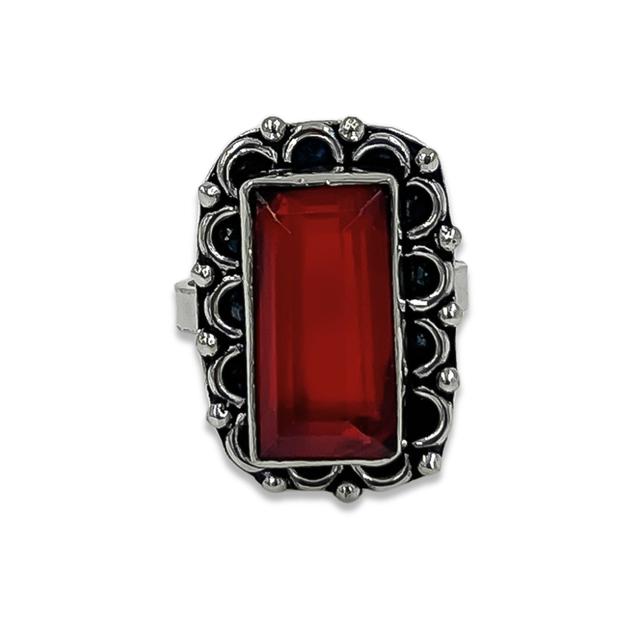 Silver Ruby Red Royal Square Cut Stone Ring Women & Girls