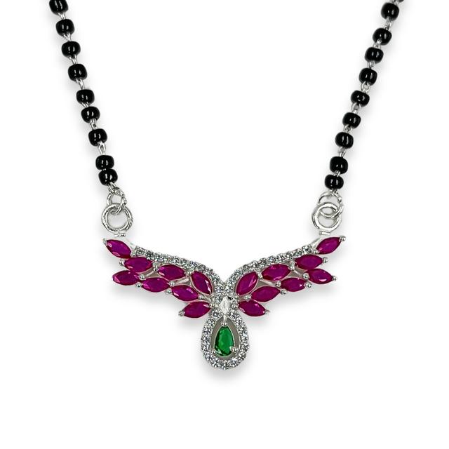 925 Sterling Silver Angel Wings Pendant Necklace with Teardrop Pink Gemstone and Green Crystal Accents