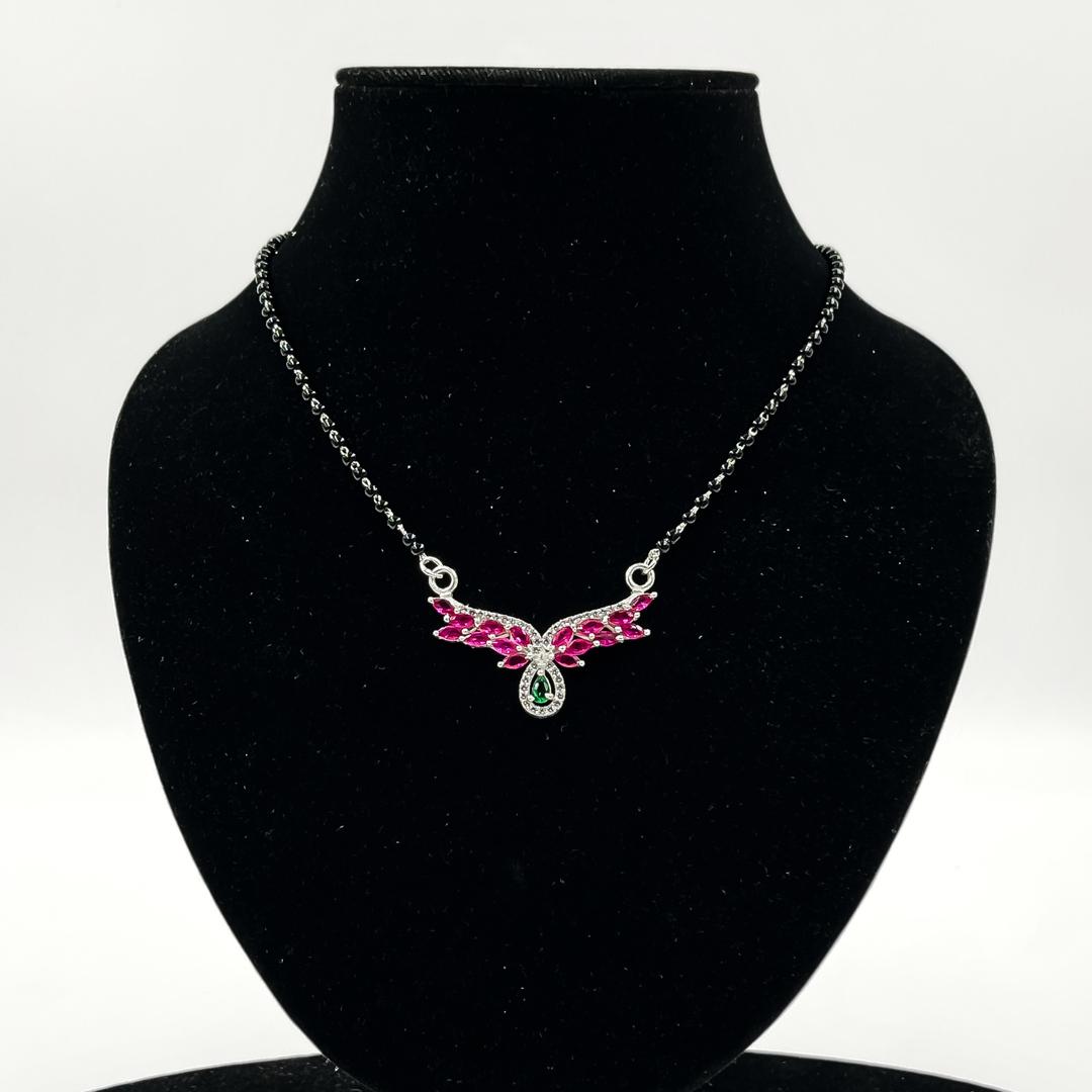 925 Sterling Silver Angel Wings Pendant Necklace with Teardrop Pink Gemstone and Green Crystal Accents 1