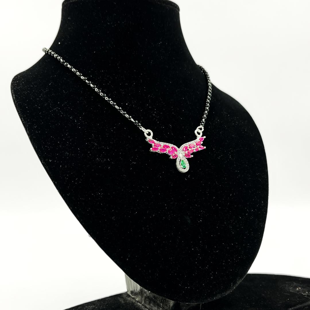 925 Sterling Silver Angel Wings Pendant Necklace with Teardrop Pink Gemstone and Green Crystal Accents 2